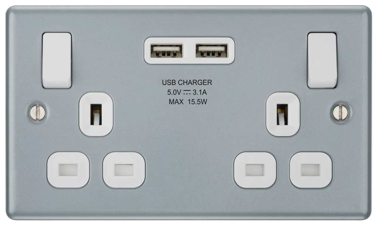 METAL CLAD DOUBLE SWITCHED 13A POWER SOCKET WITH USB CHARGING - 2X USB SOCKETS (3.1A)