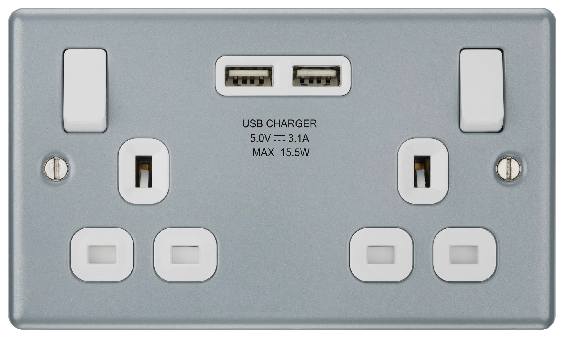 METAL CLAD DOUBLE SWITCHED 13A POWER SOCKET WITH USB CHARGING - 2X USB SOCKETS (3.1A)