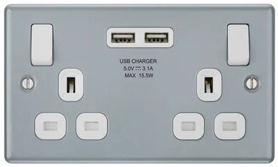 METAL CLAD DOUBLE SWITCHED 13A POWER SOCKET WITH USB CHARGING - 2X USB SOCKETS (3.1A)