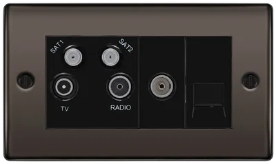 NEXUS METAL BLACK NICKEL QUADPLEX SOCKET TV, 2X SATELLITE AND FM CONNECTION, WITH RETURN AND BT OUTLET