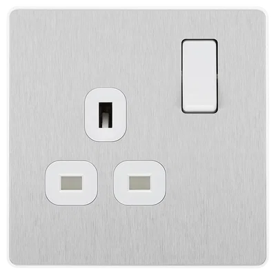 EVOLVE BRUSHED STEEL (WHITE) SINGLE SWITCHED 13A POWER SOCKET + 2 X USB (2.1A)
