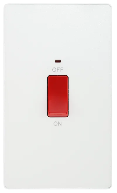 EVOLVE PEARLESCENT WHITE (WHITE) 45A RECTANGULAR SWITCH, DOUBLE POLE WITH LED POWER INDICATOR