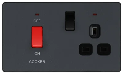 EVOLVE MATT GREY (BLACK) COOKER CONTROL SOCKET, DOUBLE POLE SWITCH WITH LED POWER INDICATORS