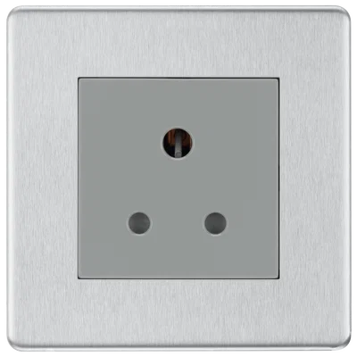 FBS29W SCREWLESS FLAT PLATE BRUSHED STEEL 5A UNSWITCHED SOCKET ROUND PIN WHITE SURROUND