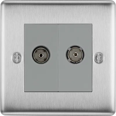 NEXUS METAL BRUSHED STEEL DOUBLE SOCKET FOR TV OR FM CO-AXIAL AERIAL CONNECTION
