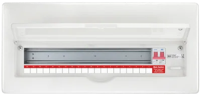 Metal Consumer Unit 22 Mod, 20 Way Unpopulated With 1 X 100A Main Switch 2 X Cover Blanks And With Up Opening Front Cover