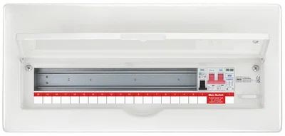 METAL CONSUMER UNIT 22 MOD 18 WAY UNPOPULATED WITH 100A MAIN SWITCH 6 X RCBO 1 X SPD SURGE PROTECTIVE DEVICE 4 X COVER BLANKS AND UP OPENING FRONT COVER