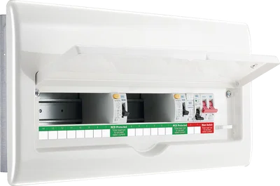 Metal Consumer Unit 12 Way with 100A Main Switch, 8 Type A RCBO's fitted 1 x SPD 1 X SPD Protective Device,2 x Cover Blanks And Up Opening Front Cover