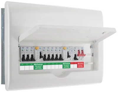 METAL CONSUMER UNIT 16 MOD 8 WAY POPULATED WITH DUAL 63A 30MA TYPE A RCD'S AND 8 MCB'S 6A X 3 16A X 1 32A X 3 40A X 1 100A MAIN SWITCH 1 X SPD SURGE PROTECTIVE DEVICE 2 X COVER BLANKS WITH UP OPENING FRONT COVER