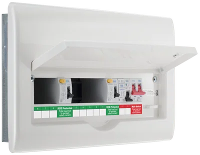 METAL CONSUMER UNIT 16 MOD 8 WAY UNPOPULATED WITH DUAL 80A 30MA TYPE A RCD 100A MAIN SWITCH 1 X SPD SURGE PROTECTIVE DEVICE 2 X COVER BLANKS AND UP OPENING FRONT COVER