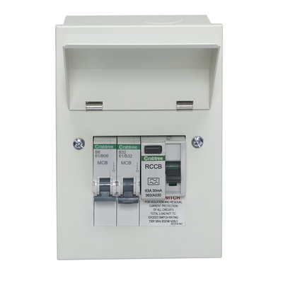 2 Way Consumer Unit RCD Incomer 63A 30mA with 1x B6 and 1x B16 MCB