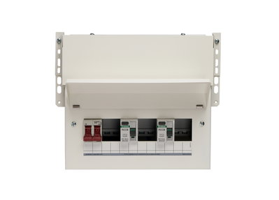 6 Way High Integrity Meter Cabinet Consumer Unit 100A Main Switch +2, 80A 30mA RCD +2, 80A 30mA RCD +2