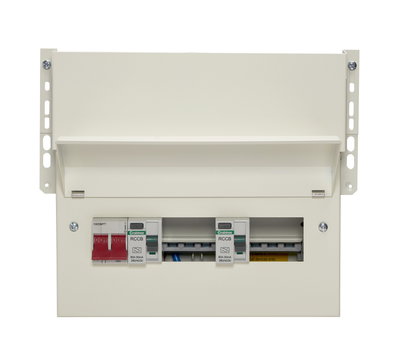6 Way Dual RCD Meter Cabinet Consumer Unit 100A Main Switch, 80A 30mA RCD +3, 80A 30mA RCD +3