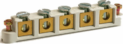 ITS 6 Terminal strip, up to 6mm², 500 V hole-type, 5-terminal strip Possible connections per terminal: 6 x 1.5 mm² 3 x 4 mm², 4 x 2.5 mm² 2 x 6 mm²