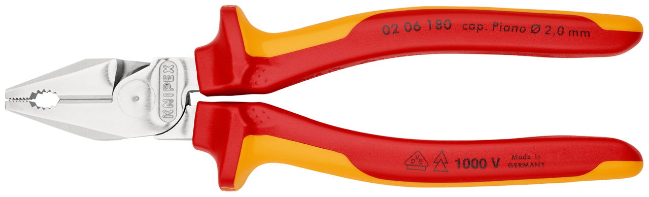 KNIPEX 02 06 180 High Leverage Combination Pliers insulated with multi-component grips, VDE-tested chrome-plated 180 mm
