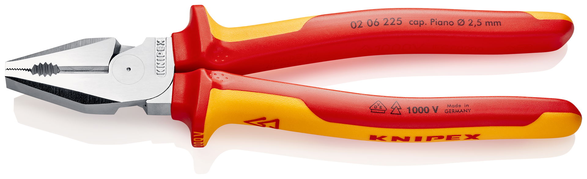 KNIPEX 02 06 225 High Leverage Combination Pliers insulated with multi-component grips, VDE-tested chrome-plated 225 mm