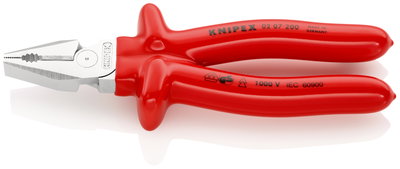 KNIPEX 02 07 200 High Leverage Combination Pliers with dipped insulation, VDE-tested chrome-plated 200 mm