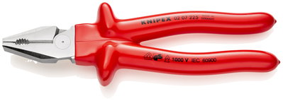 KNIPEX 02 07 225 High Leverage Combination Pliers with dipped insulation, VDE-tested chrome-plated 225 mm