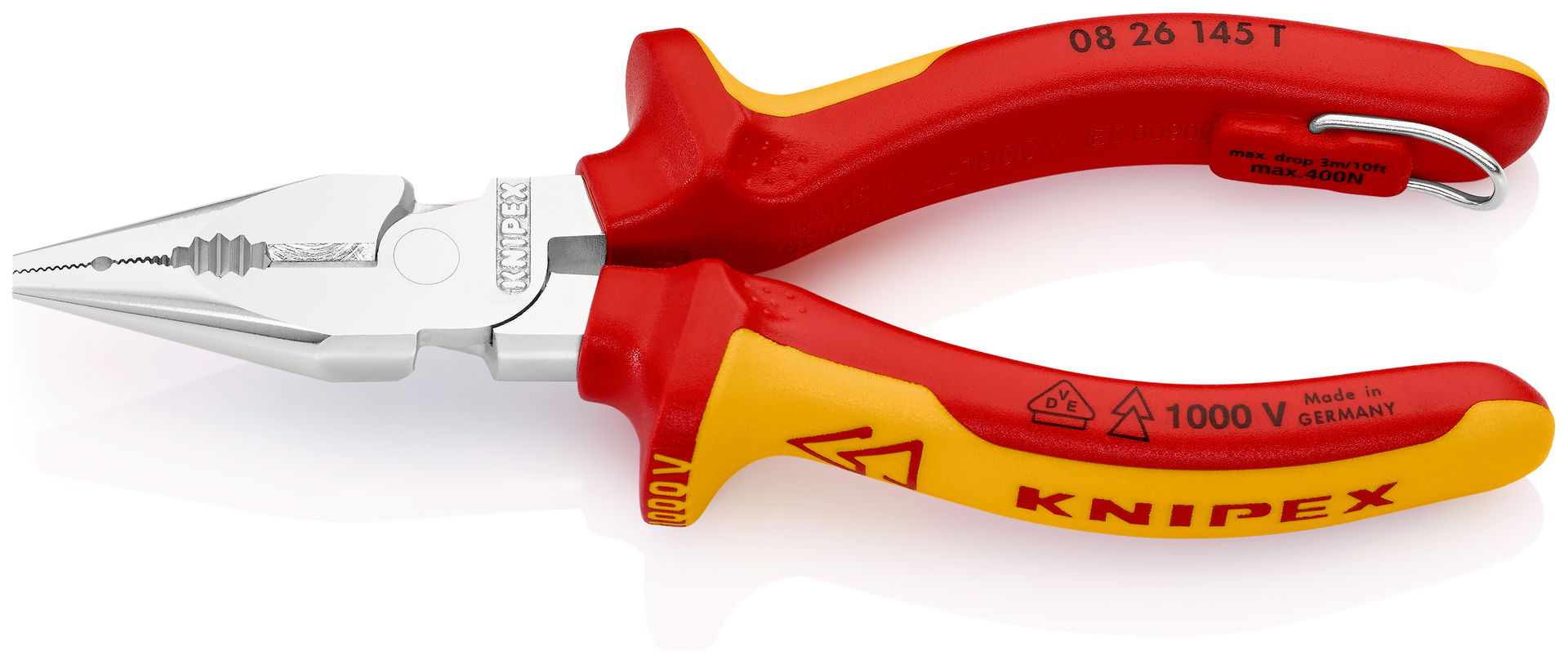 KNIPEX 08 26 145 T Needle-Nose Combination Pliers insulated with multi-component grips, VDE-tested with integrated insulated tether attachment point for a tool tether chrome-plated 145 mm
