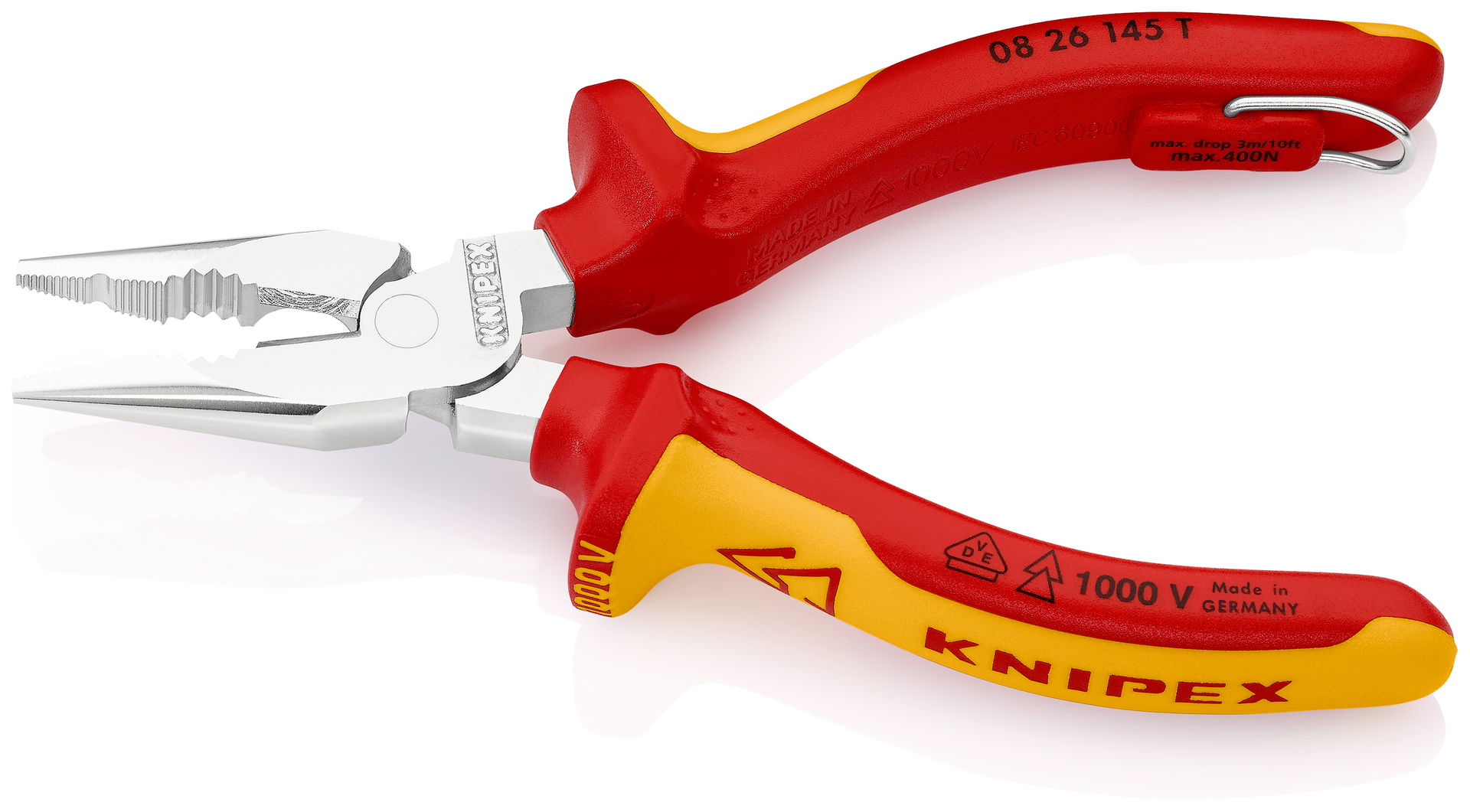KNIPEX 08 26 145 T Needle-Nose Combination Pliers insulated with multi-component grips, VDE-tested with integrated insulated tether attachment point for a tool tether chrome-plated 145 mm – Image 2 of 6