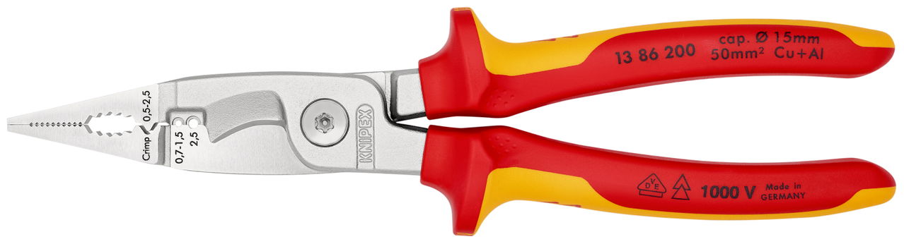 KNIPEX 13 86 200 Pliers for Electrical Installation insulated with multi-component grips, VDE-tested chrome-plated 200 mm