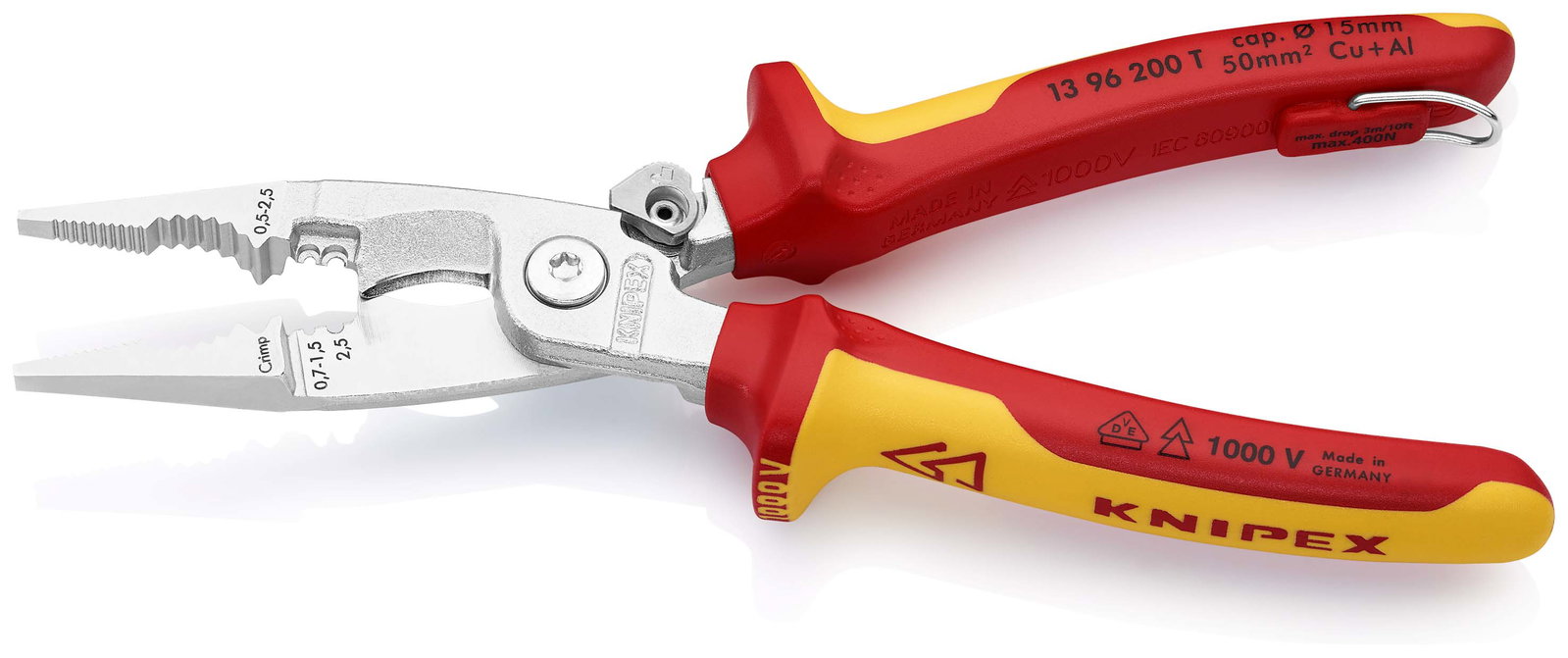 KNIPEX 13 96 200 T Pliers for Electrical Installation insulated with multi-component grips, VDE-tested with integrated insulated tether attachment point for a tool tether chrome-plated 200 mm – Image 2 of 4
