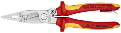 KNIPEX 13 96 200 T Pliers for Electrical Installation insulated with multi-component grips, VDE-tested with integrated insulated tether attachment point for a tool tether chrome-plated 200 mm