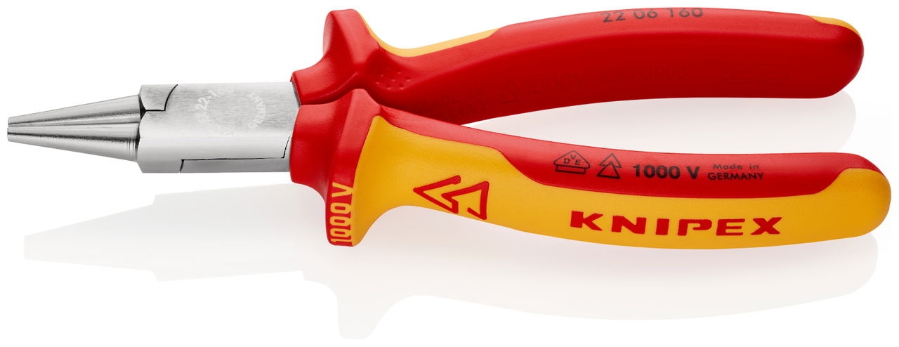 KNIPEX 22 06 160 Round Nose Pliers insulated with multi-component grips, VDE-tested chrome-plated 160 mm