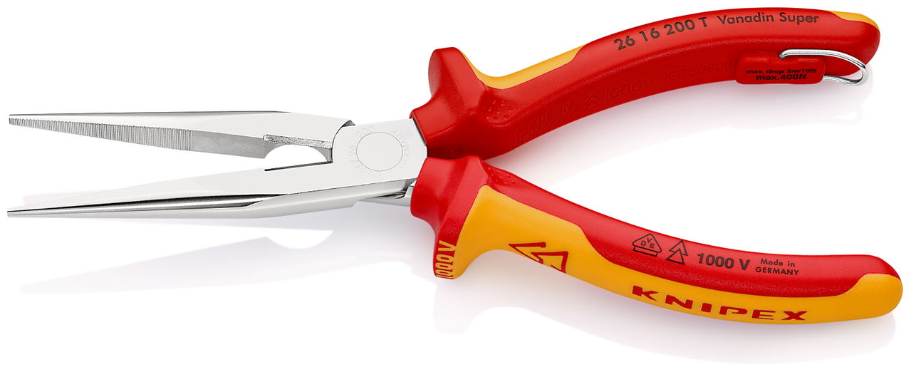 KNIPEX 26 16 200 T Snipe Nose Side Cutting Pliers (Stork Beak Pliers) insulated with multi-component grips, VDE-tested with integrated insulated tether attachment point for a tool tether chrome-plated 200 mm – Image 2 of 3