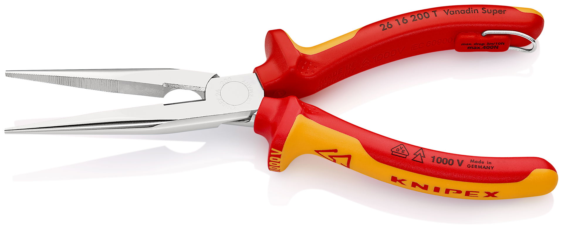 KNIPEX 26 16 200 T Snipe Nose Side Cutting Pliers (Stork Beak Pliers) insulated with multi-component grips, VDE-tested with integrated insulated tether attachment point for a tool tether chrome-plated 200 mm – Image 2 of 3