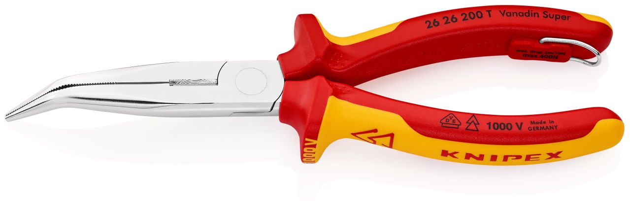 KNIPEX 26 26 200 T Snipe Nose Side Cutting Pliers (Stork Beak Pliers) insulated with multi-component grips, VDE-tested with integrated insulated tether attachment point for a tool tether chrome-plated 200 mm