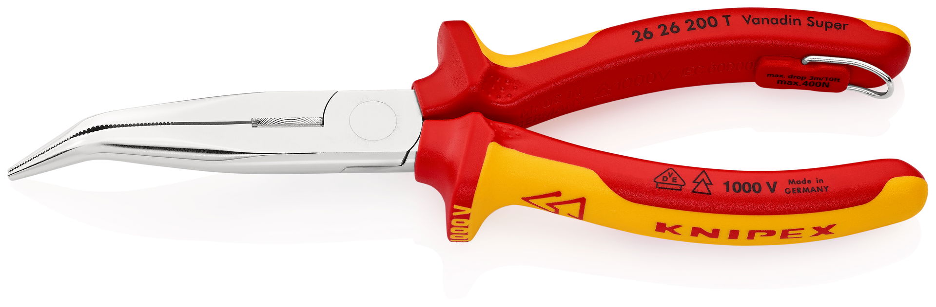 KNIPEX 26 26 200 T Snipe Nose Side Cutting Pliers (Stork Beak Pliers) insulated with multi-component grips, VDE-tested with integrated insulated tether attachment point for a tool tether chrome-plated 200 mm