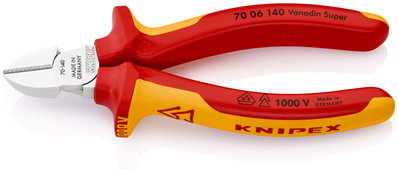KNIPEX 70 06 140 SB Diagonal Cutter insulated with multi-component grips, VDE-tested chrome-plated 140 mm (self-service card/blister)
