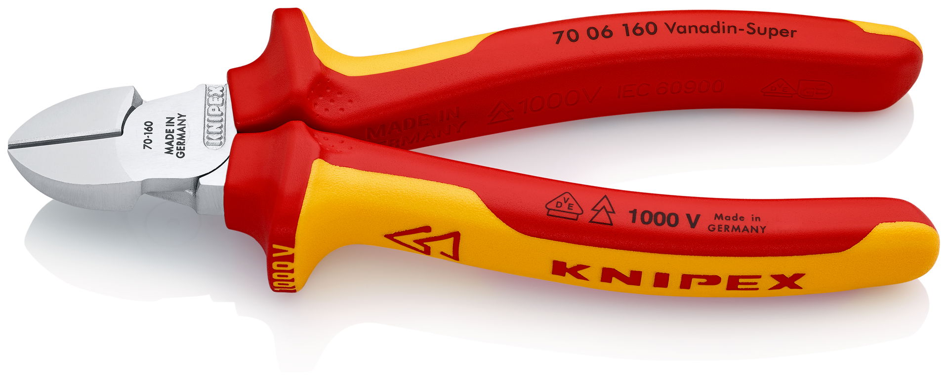 KNIPEX 70 06 160 Diagonal Cutter insulated with multi-component grips, VDE-tested chrome-plated 160 mm