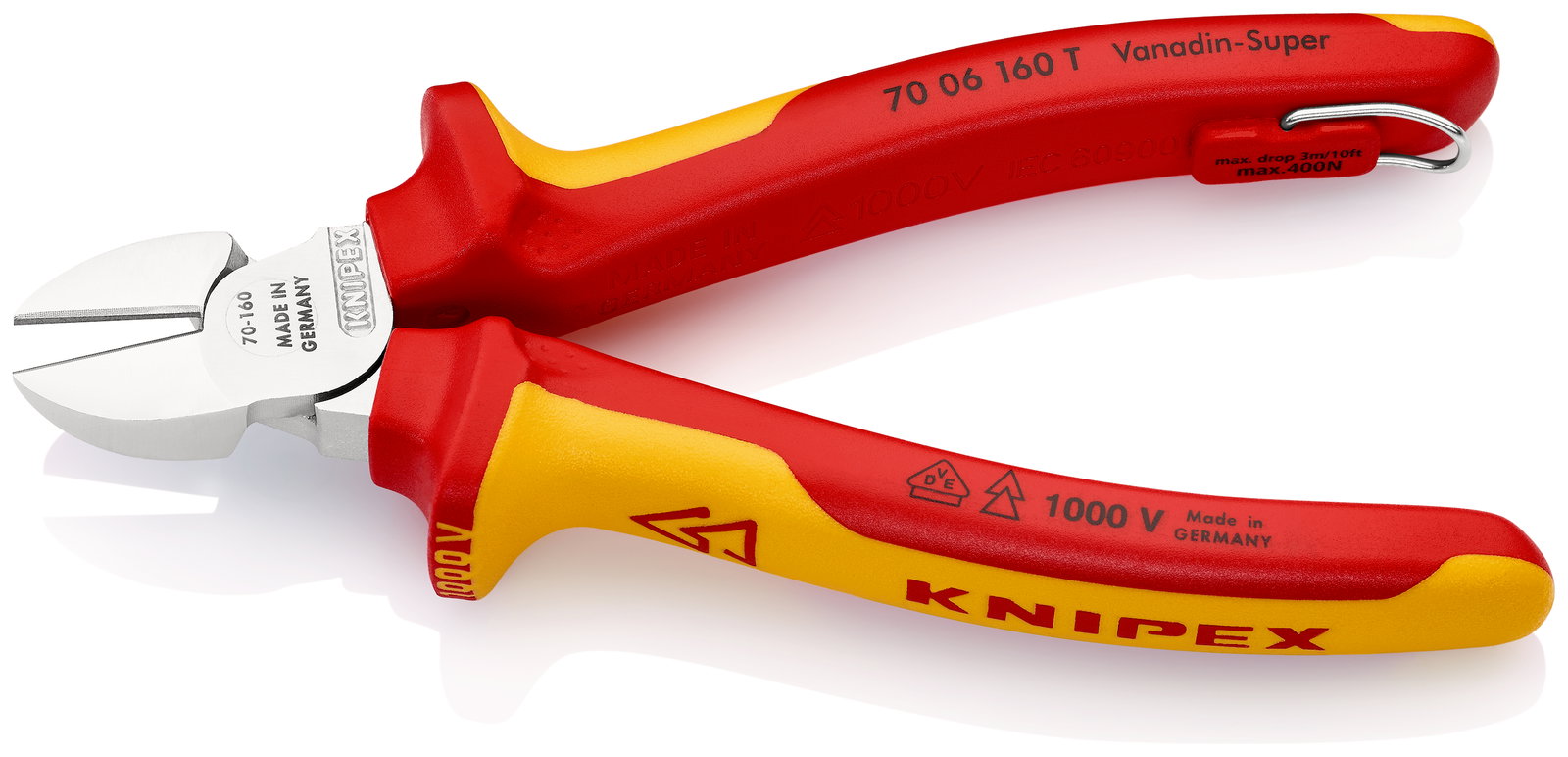 KNIPEX 70 06 160 T Diagonal Cutter insulated with multi-component grips, VDE-tested with integrated insulated tether attachment point for a tool tether chrome-plated 160 mm – Image 2 of 6