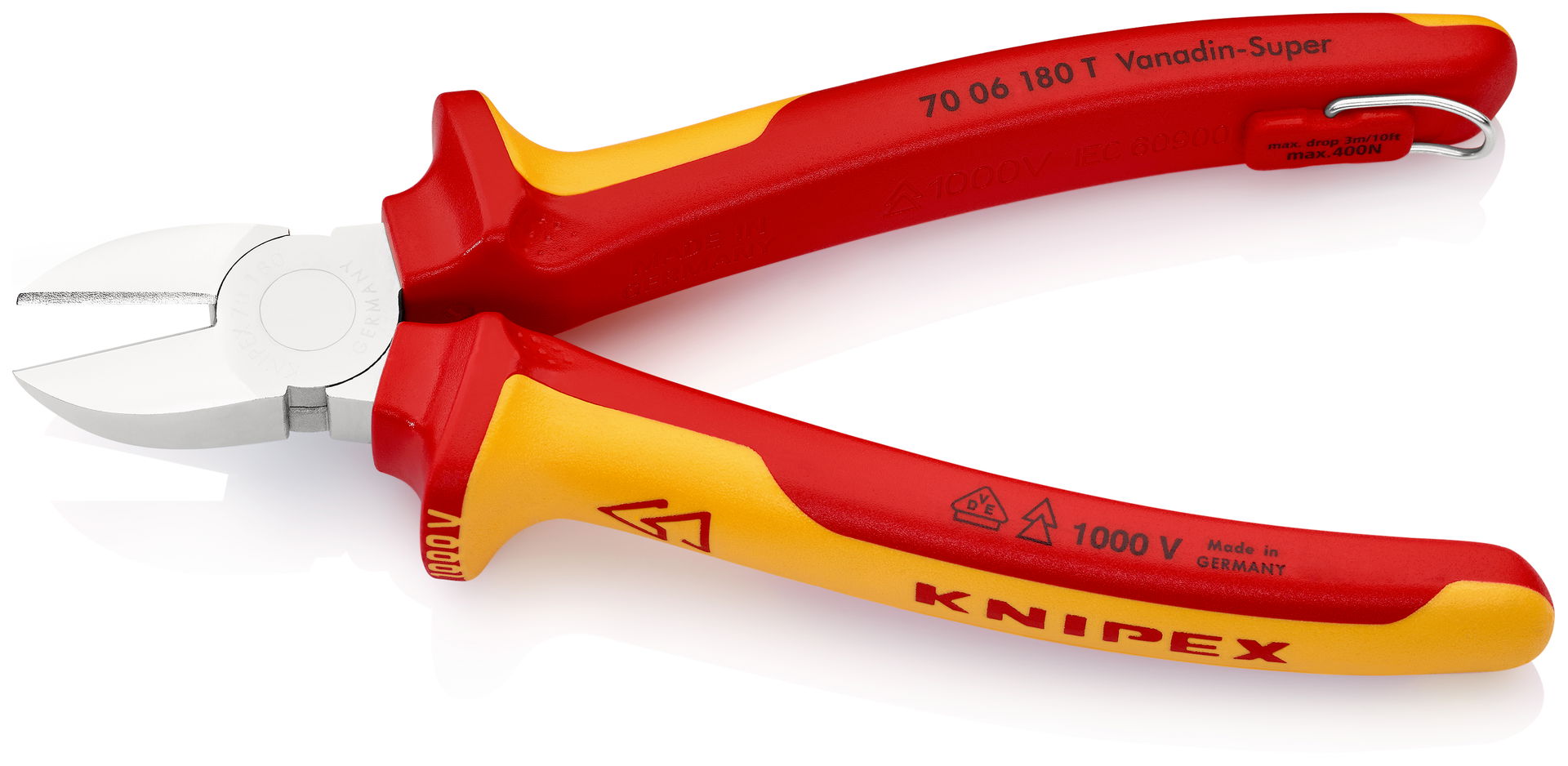 KNIPEX 70 06 180 T Diagonal Cutter insulated with multi-component grips, VDE-tested with integrated insulated tether attachment point for a tool tether chrome-plated 180 mm – Image 2 of 3