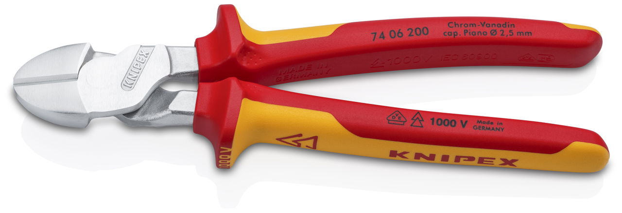 KNIPEX 74 06 200 SB High Leverage Diagonal Cutter insulated with multi-component grips, VDE-tested chrome-plated 200 mm