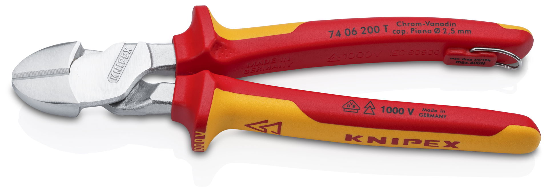 KNIPEX 74 06 200 T High Leverage Diagonal Cutter insulated with multi-component grips with integrated tether attachment point, VDE tested chrome-plated 200 mm