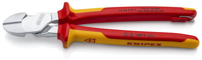 KNIPEX 74 06 250 T High Leverage Diagonal Cutter insulated with multi-component grips, VDE-tested with integrated insulated tether attachment point for a tool tether chrome-plated 250 mm