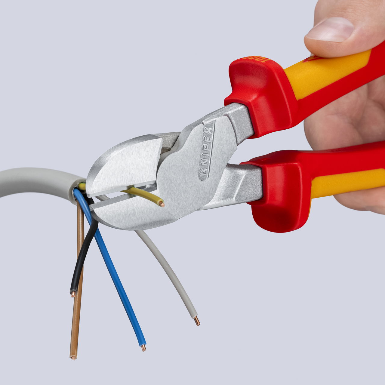KNIPEX 74 06 250 T High Leverage Diagonal Cutter insulated with multi-component grips, VDE-tested with integrated insulated tether attachment point for a tool tether chrome-plated 250 mm – Image 3 of 6