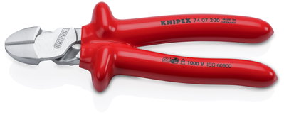 KNIPEX 74 07 200 High Leverage Diagonal Cutter with dipped insulation, VDE-tested chrome-plated 200 mm