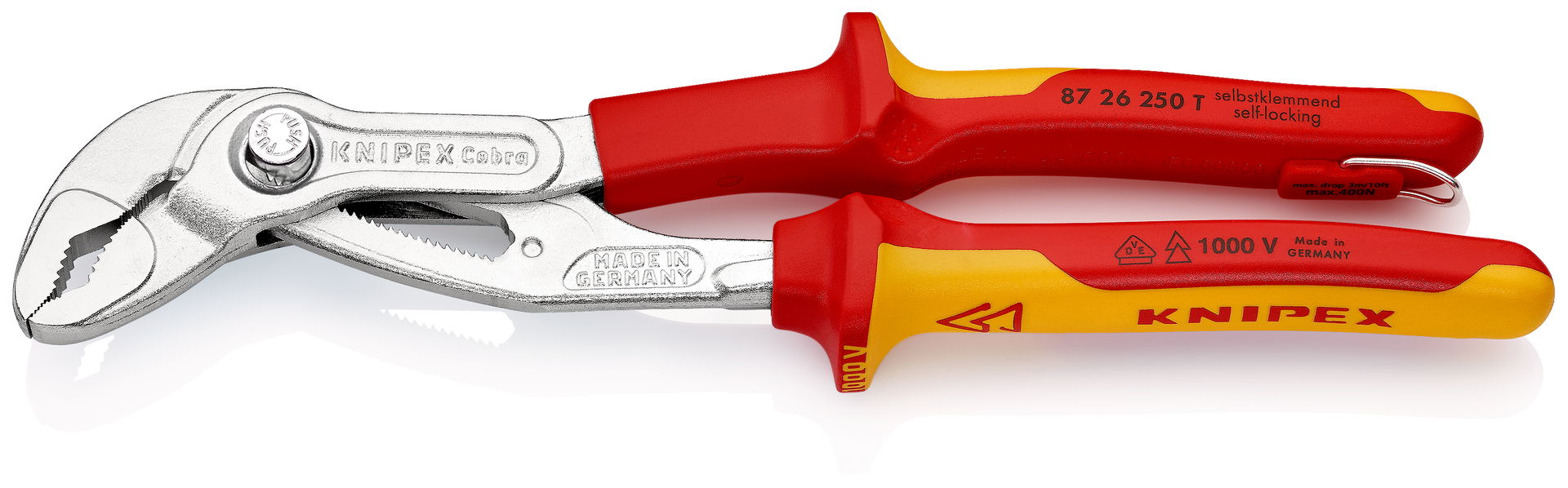 KNIPEX 87 26 250 T Cobra® VDE High-Tech Water Pump Pliers, insulated insulated with multi-component grips with integrated tether attachment point, VDE tested chrome-plated 250 mm
