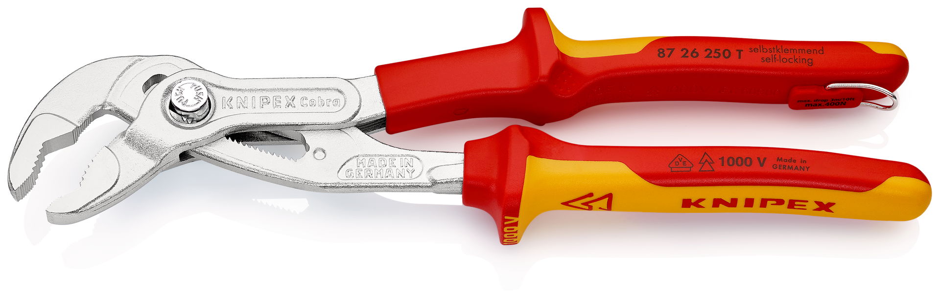 KNIPEX 87 26 250 T Cobra® VDE High-Tech Water Pump Pliers, insulated insulated with multi-component grips with integrated tether attachment point, VDE tested chrome-plated 250 mm – Image 2 of 3