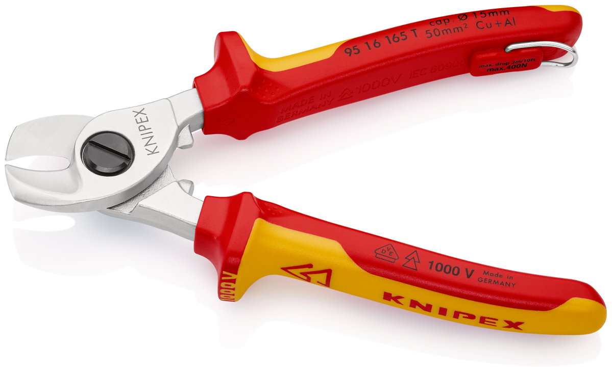KNIPEX 95 16 165 T Cable Shears insulated with multi-component grips, VDE-tested with integrated insulated tether attachment point for a tool tether chrome-plated 165 mm – Image 2 of 6