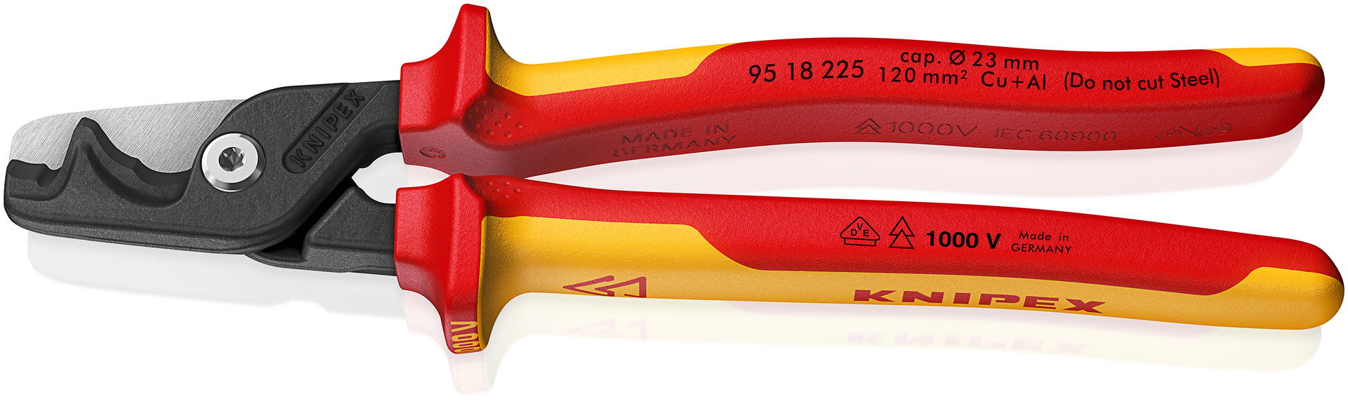 KNIPEX 95 18 225 StepCut® XL Cable shears with step cut insulating multi-component handle, VDE-tested burnished 225 mm