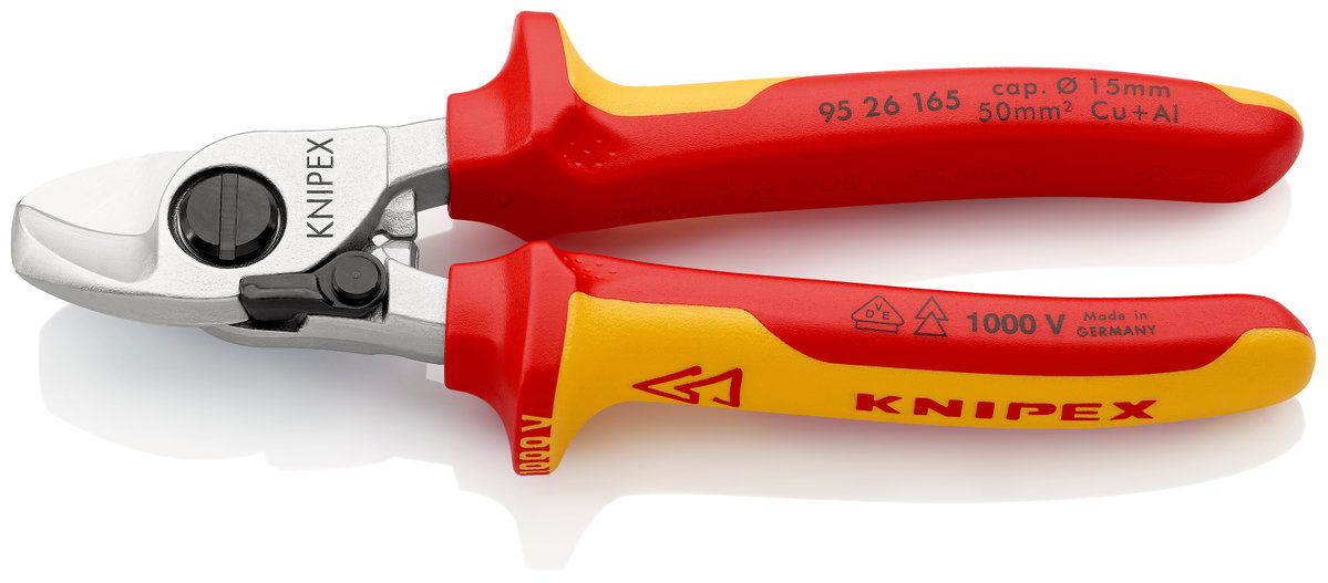 KNIPEX 95 26 165 Cable Shears With opening spring insulated with multi-component grips, VDE-tested chrome-plated 165 mm