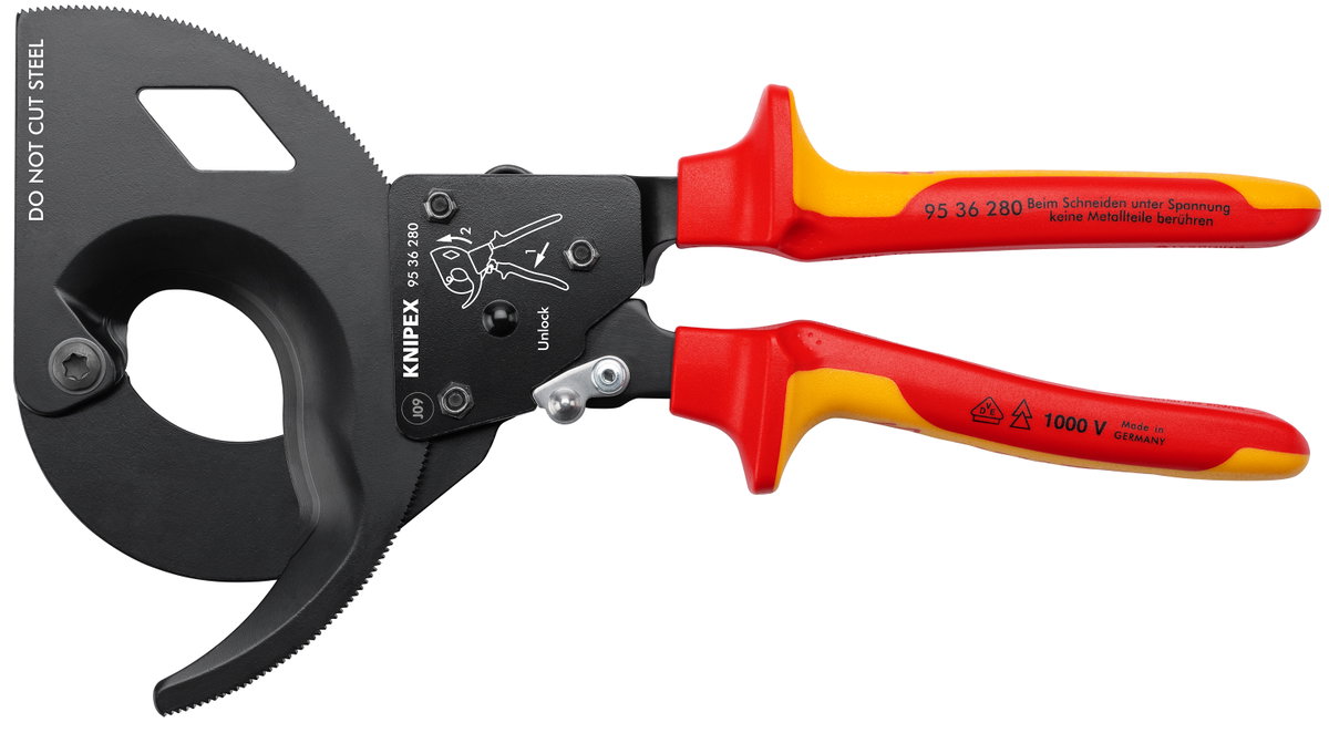 KNIPEX 95 36 280 Cable Cutter (ratchet action) insulated with multi-component grips, VDE-tested black atramentized 280 mm