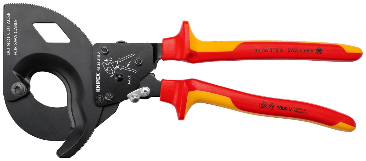 KNIPEX 95 36 315 A Cable Cutter (ratchet action) for steel wire armoured cables (SWA cable) insulated with multi-component grips, VDE-tested black lacquered 315 mm