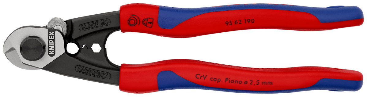 KNIPEX 95 62 190 Wire Rope Cutter forged with multi-component handles 190 mm