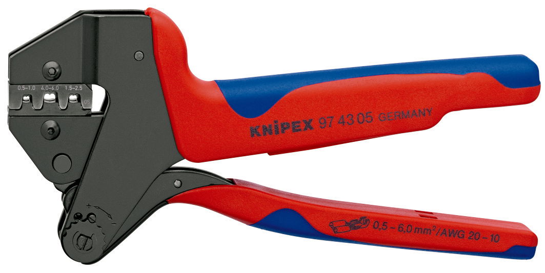 KNIPEX 97 43 05 Crimp System Pliers for non-insulated, open plug type connectors with multi-component handles burnished 200 mm